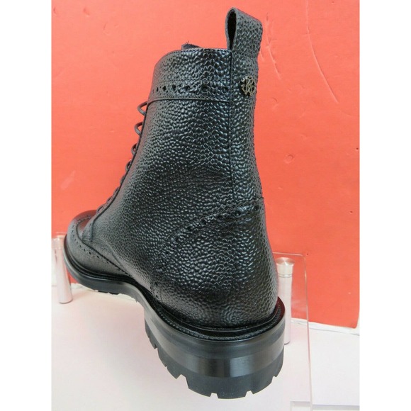 ROBERTO CAVALLI BLACK GRAINED LEATHER LOGO BROGUE COMBAT BOOTS 44.5 / 11.5 ITALY main image 12